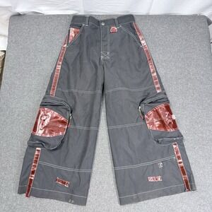Macgear Cargo Pants Y2K Tech Wide Leg Black Red Strap Size 28